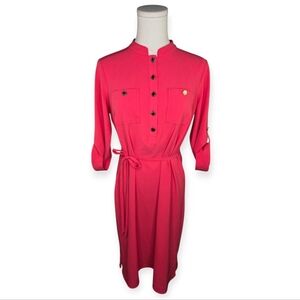 Liz Claiborne Hot Pink Roll Tab Sleeve Shirt Dress Waist Tie Size 4